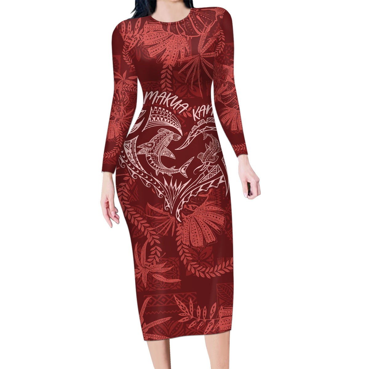 Hawaii Father's Day Vintage Lei Family Matching Long Sleeve Bodycon Dress and Hawaiian Shirt Hauoli la Makuakane - Red LT7 Mom's Dress Red - Polynesian Pride