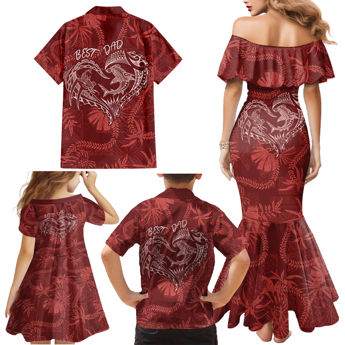 Hawaii Father's Day Vintage Lei Family Matching Mermaid Dress and Hawaiian Shirt Hauoli la Makuakane - Red LT7 - Polynesian Pride