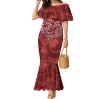 Hawaii Father's Day Vintage Lei Family Matching Mermaid Dress and Hawaiian Shirt Hauoli la Makuakane - Red LT7 Mom's Dress Red - Polynesian Pride