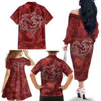Hawaii Father's Day Vintage Lei Family Matching Off The Shoulder Long Sleeve Dress and Hawaiian Shirt Hauoli la Makuakane - Red LT7 - Polynesian Pride