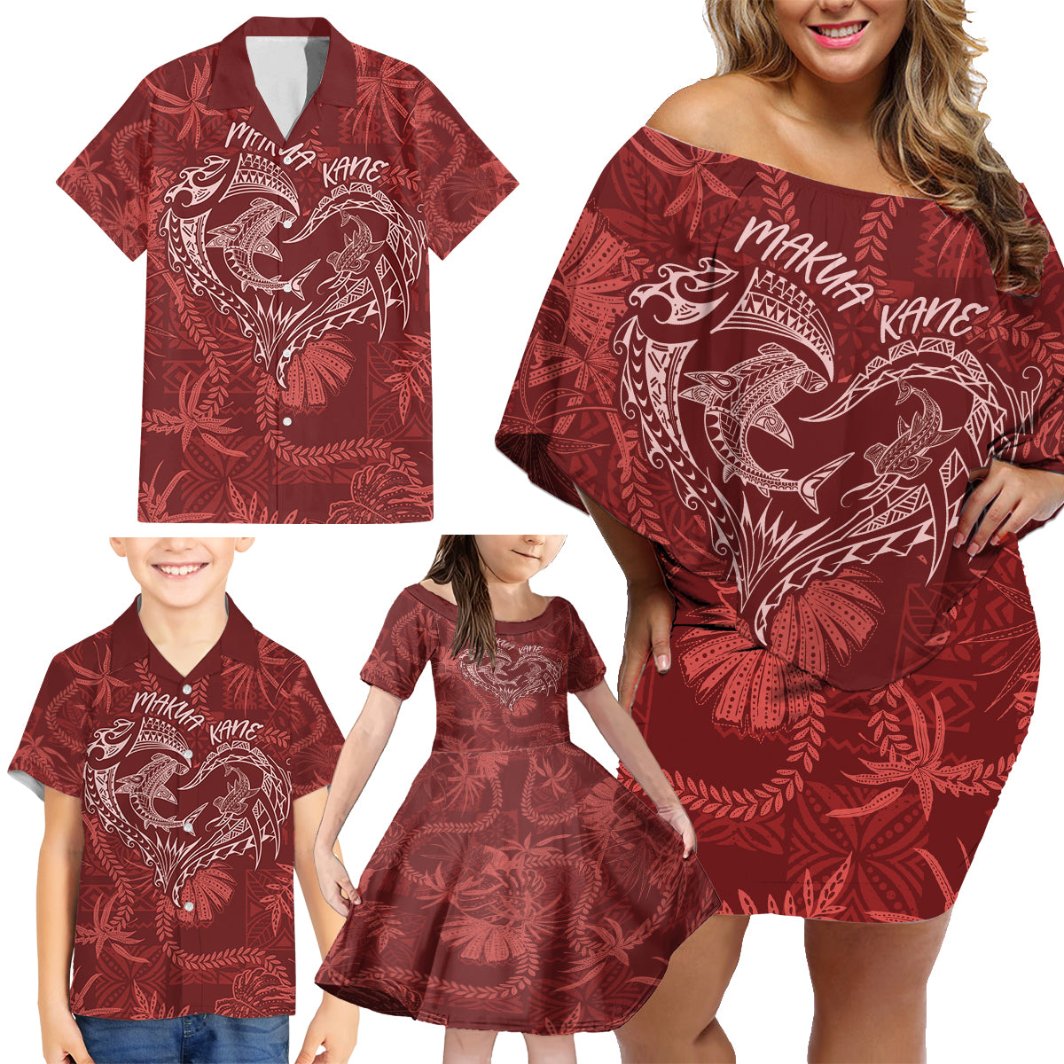 Hawaii Father's Day Vintage Lei Family Matching Off Shoulder Short Dress and Hawaiian Shirt Hauoli la Makuakane - Red LT7 - Polynesian Pride