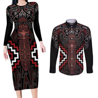 Maori Taiaha Whakairo Personalized Couples Matching Long Sleeve Bodycon Dress and Long Sleeve Button Shirt Red Poutama Motifs