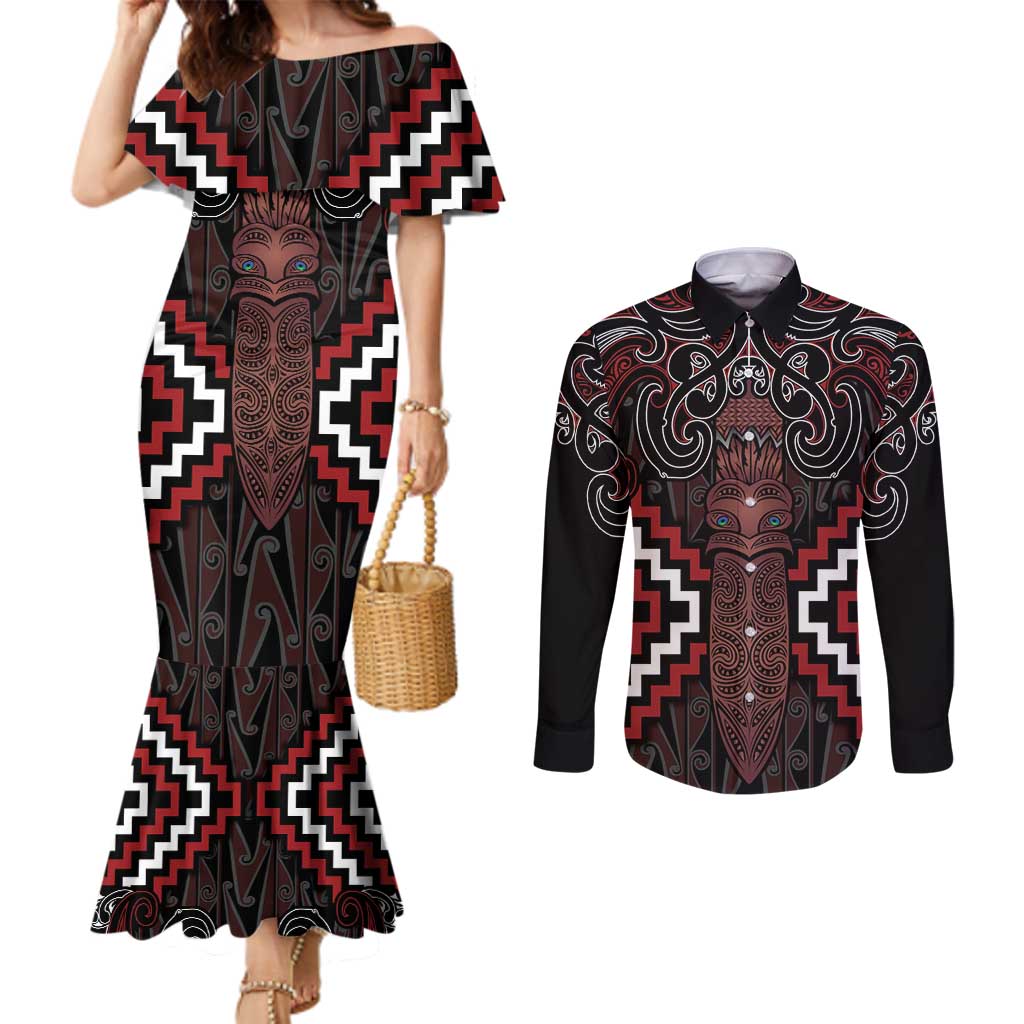Maori Taiaha Whakairo Personalized Couples Matching Mermaid Dress and Long Sleeve Button Shirt Red Poutama Motifs