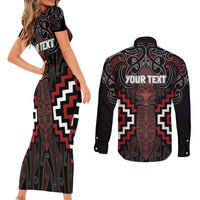 Maori Taiaha Whakairo Personalized Couples Matching Short Sleeve Bodycon Dress and Long Sleeve Button Shirt Red Poutama Motifs
