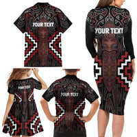 Maori Taiaha Whakairo Personalized Family Matching Long Sleeve Bodycon Dress and Hawaiian Shirt Red Poutama Motifs LT7 - Polynesian Pride