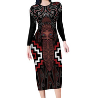 Maori Taiaha Whakairo Personalized Family Matching Long Sleeve Bodycon Dress and Hawaiian Shirt Red Poutama Motifs LT7 Mom's Dress Red - Polynesian Pride