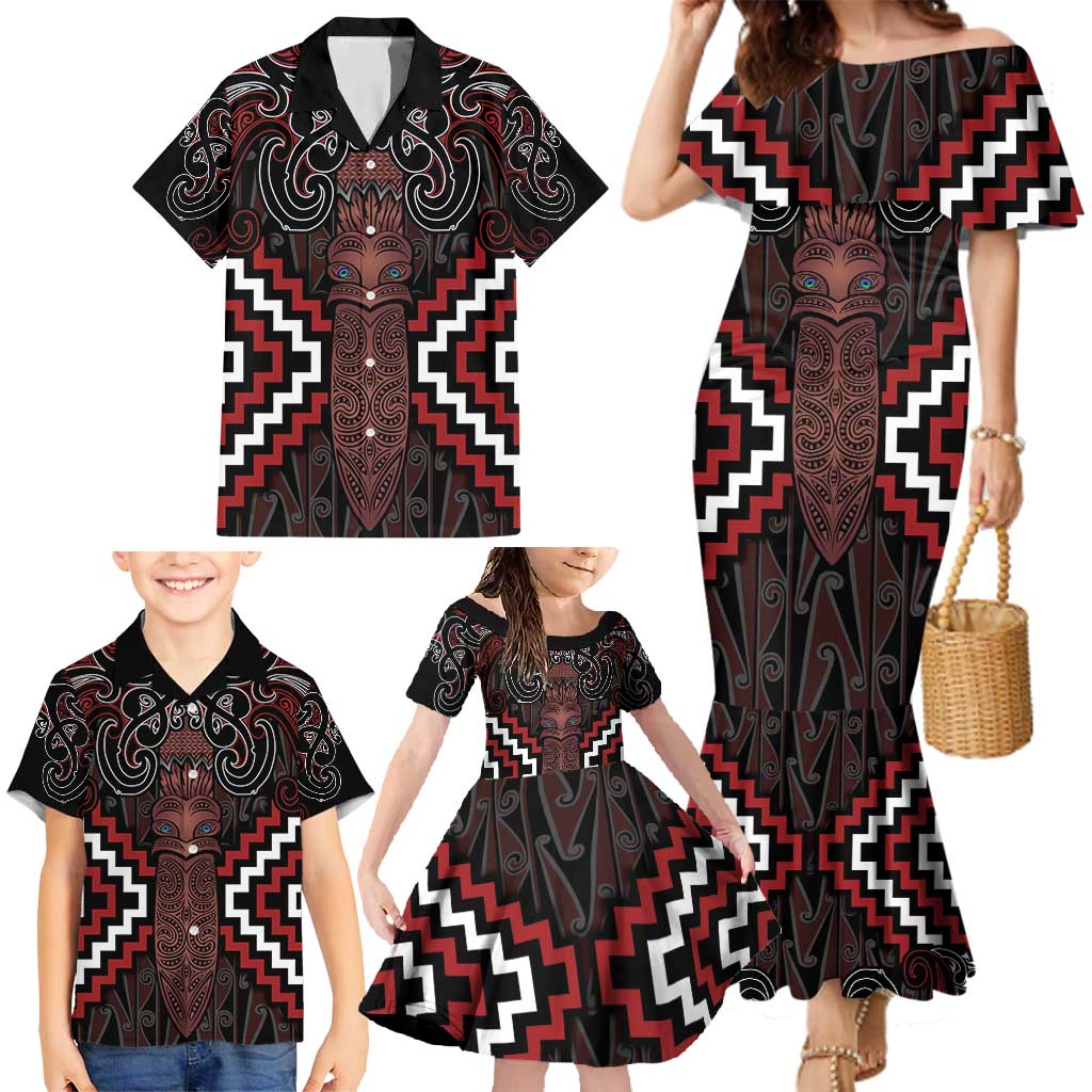 Maori Taiaha Whakairo Personalized Family Matching Mermaid Dress and Hawaiian Shirt Red Poutama Motifs LT7 - Polynesian Pride
