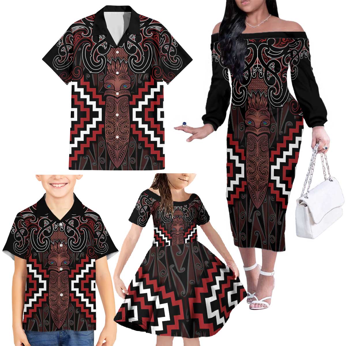 Maori Taiaha Whakairo Personalized Family Matching Off The Shoulder Long Sleeve Dress and Hawaiian Shirt Red Poutama Motifs LT7 - Polynesian Pride