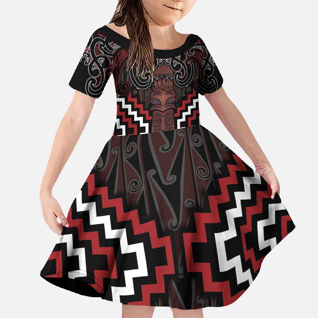 Maori Taiaha Whakairo Personalized Family Matching Off Shoulder Maxi Dress and Hawaiian Shirt Red Poutama Motifs LT7 Daughter's Dress Red - Polynesian Pride