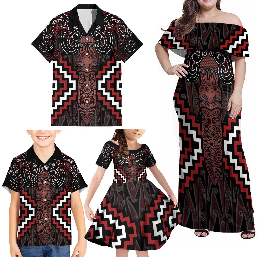 Maori Taiaha Whakairo Personalized Family Matching Off Shoulder Maxi Dress and Hawaiian Shirt Red Poutama Motifs LT7 - Polynesian Pride