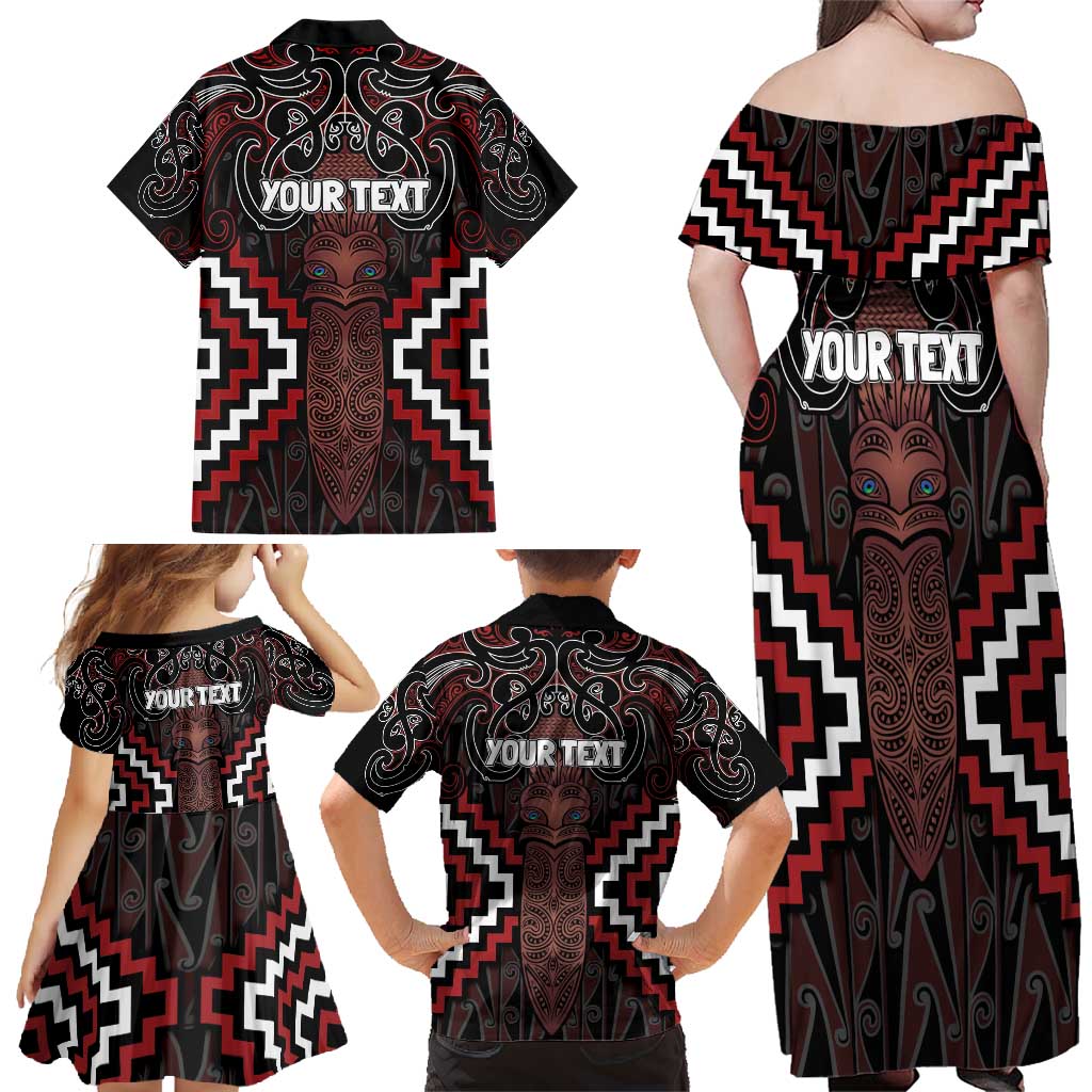 Maori Taiaha Whakairo Personalized Family Matching Off Shoulder Maxi Dress and Hawaiian Shirt Red Poutama Motifs LT7 - Polynesian Pride