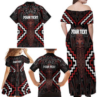 Maori Taiaha Whakairo Personalized Family Matching Off Shoulder Maxi Dress and Hawaiian Shirt Red Poutama Motifs LT7 - Polynesian Pride