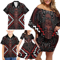 Maori Taiaha Whakairo Personalized Family Matching Off Shoulder Short Dress and Hawaiian Shirt Red Poutama Motifs LT7 - Polynesian Pride