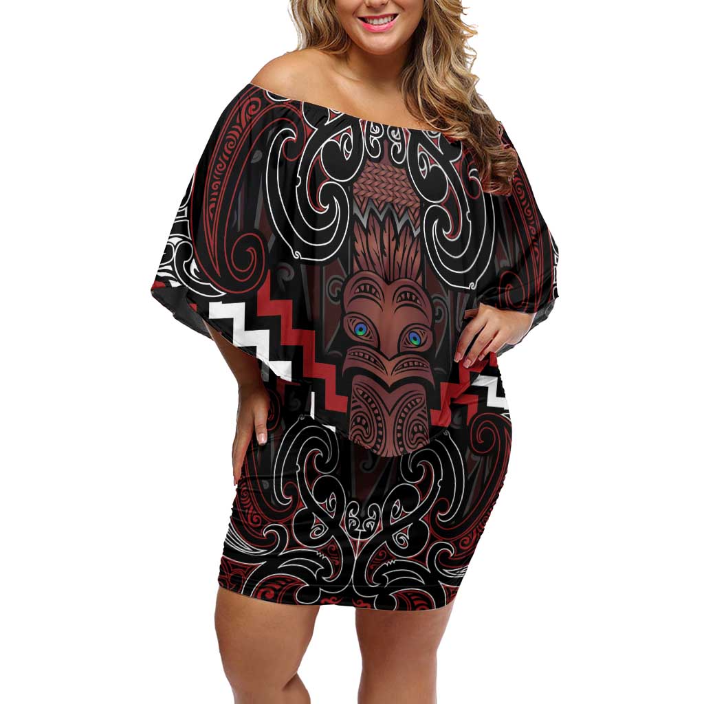 Maori Taiaha Whakairo Personalized Family Matching Off Shoulder Short Dress and Hawaiian Shirt Red Poutama Motifs LT7 Mom's Dress Red - Polynesian Pride