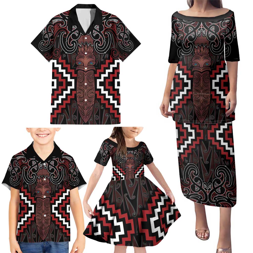 Maori Taiaha Whakairo Personalized Family Matching Puletasi and Hawaiian Shirt Red Poutama Motifs LT7 - Polynesian Pride