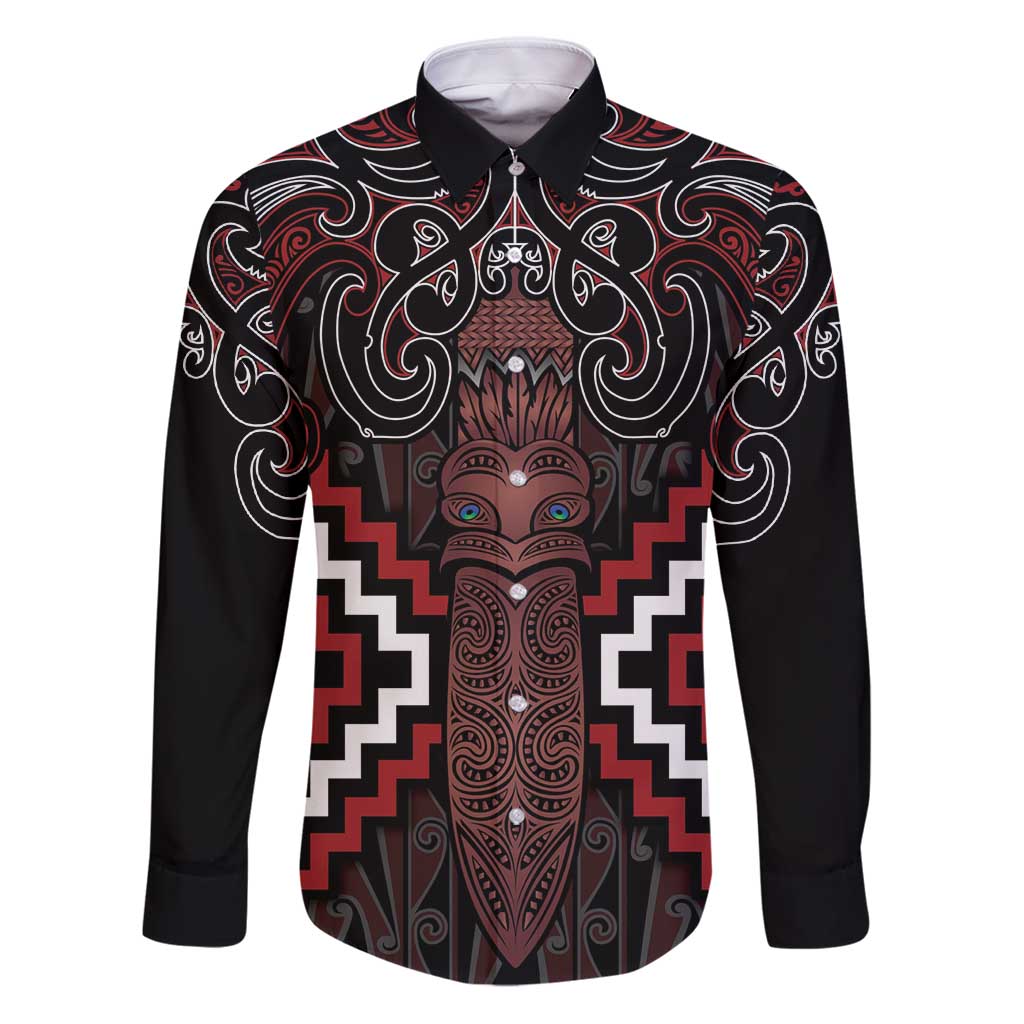 Maori Taiaha Whakairo Personalized Family Matching Puletasi and Hawaiian Shirt Red Poutama Motifs LT7 Dad's Shirt - Long Sleeve Red - Polynesian Pride