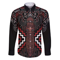 Maori Taiaha Whakairo Personalized Family Matching Puletasi and Hawaiian Shirt Red Poutama Motifs LT7 Dad's Shirt - Long Sleeve Red - Polynesian Pride