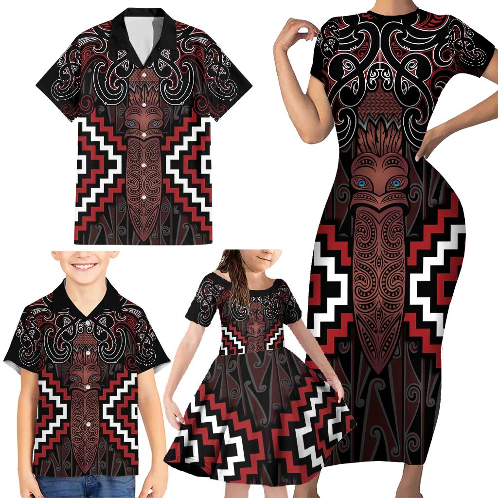 Maori Taiaha Whakairo Personalized Family Matching Short Sleeve Bodycon Dress and Hawaiian Shirt Red Poutama Motifs LT7 - Polynesian Pride