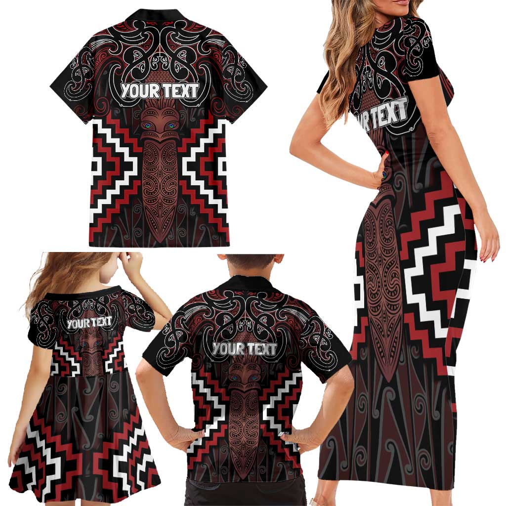 Maori Taiaha Whakairo Personalized Family Matching Short Sleeve Bodycon Dress and Hawaiian Shirt Red Poutama Motifs LT7 - Polynesian Pride