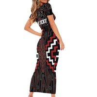 Maori Taiaha Whakairo Personalized Family Matching Short Sleeve Bodycon Dress and Hawaiian Shirt Red Poutama Motifs LT7 - Polynesian Pride