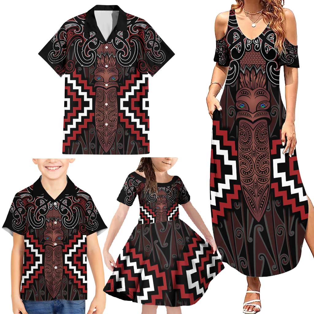 Maori Taiaha Whakairo Personalized Family Matching Summer Maxi Dress and Hawaiian Shirt Red Poutama Motifs LT7 - Polynesian Pride