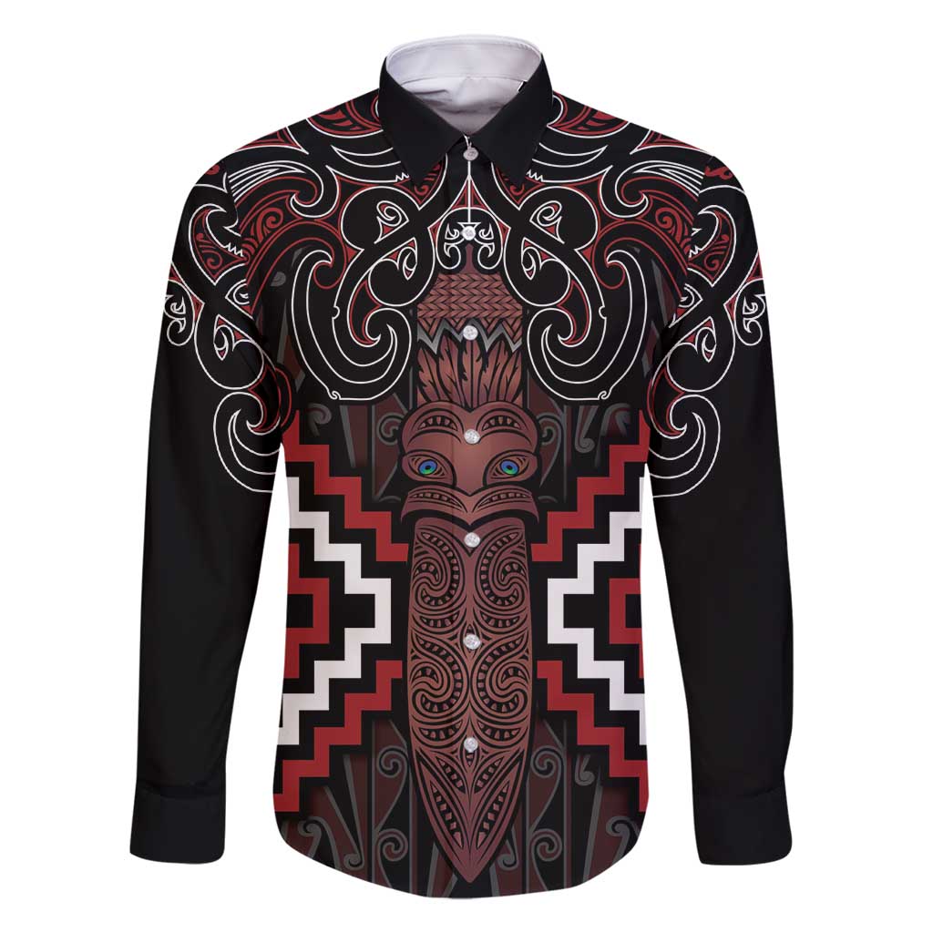 Maori Taiaha Whakairo Personalized Family Matching Summer Maxi Dress and Hawaiian Shirt Red Poutama Motifs LT7 Dad's Shirt - Long Sleeve Red - Polynesian Pride