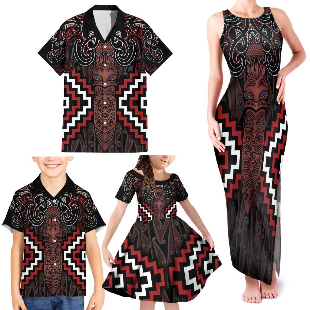 Maori Taiaha Whakairo Personalized Family Matching Tank Maxi Dress and Hawaiian Shirt Red Poutama Motifs LT7 - Polynesian Pride