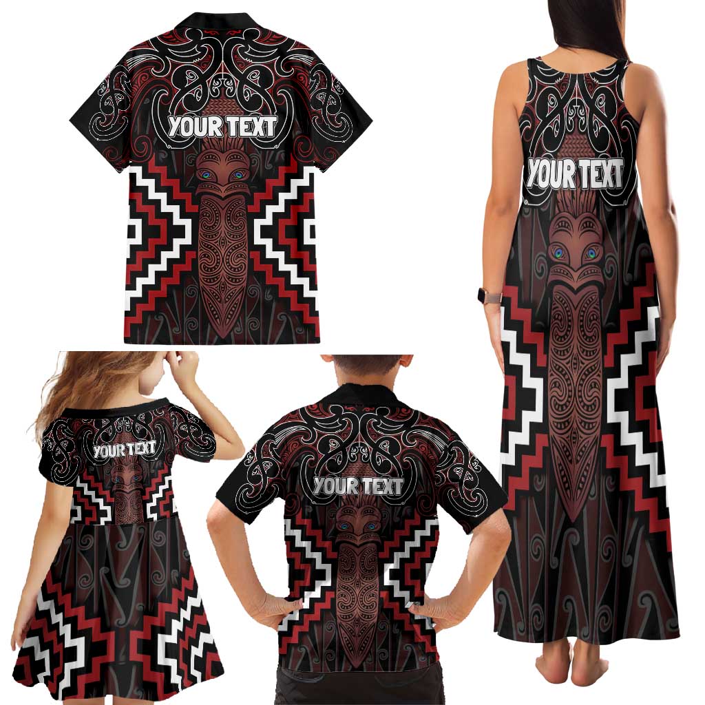 Maori Taiaha Whakairo Personalized Family Matching Tank Maxi Dress and Hawaiian Shirt Red Poutama Motifs LT7 - Polynesian Pride