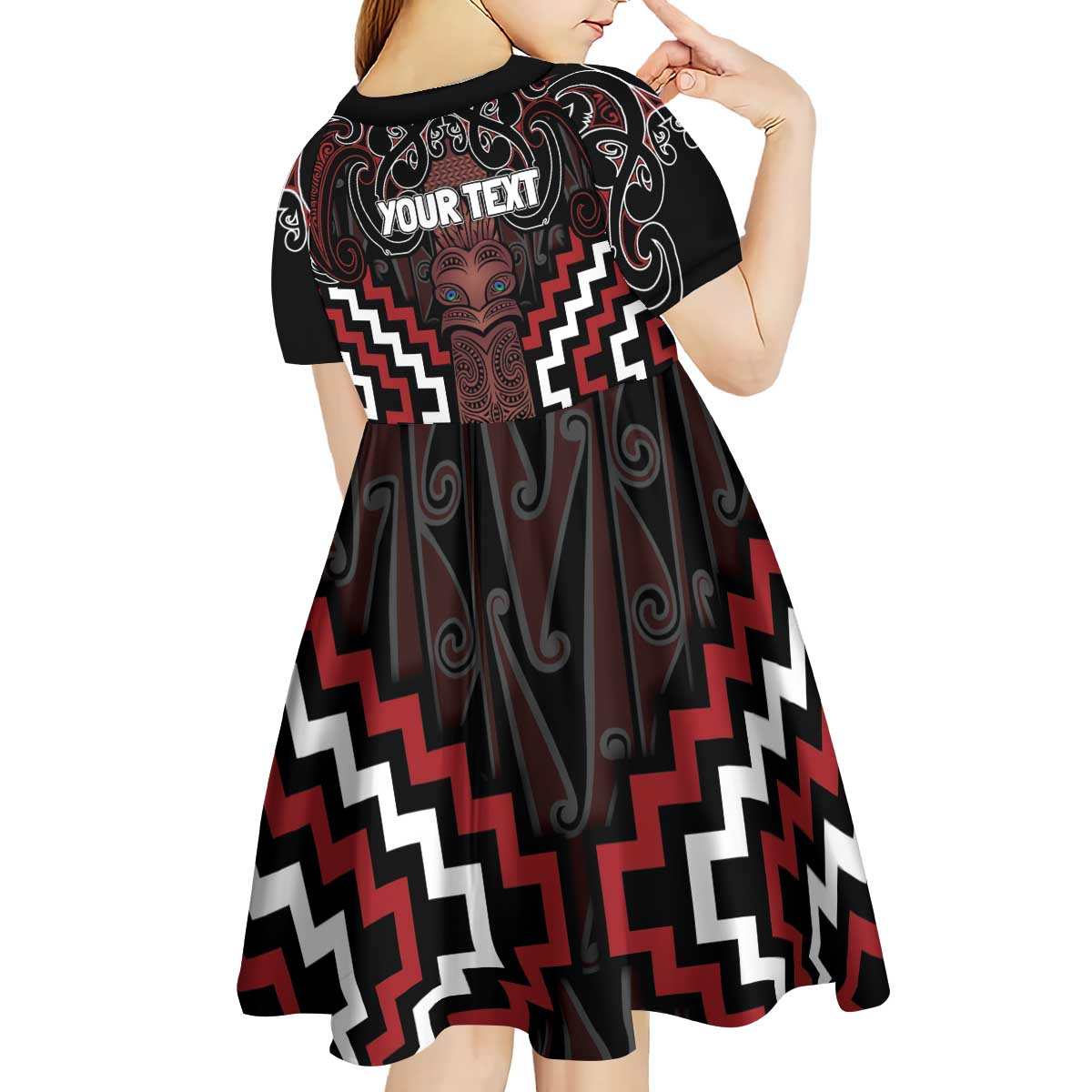 Maori Taiaha Whakairo Personalized Kid Short Sleeve Dress Red Poutama Motifs