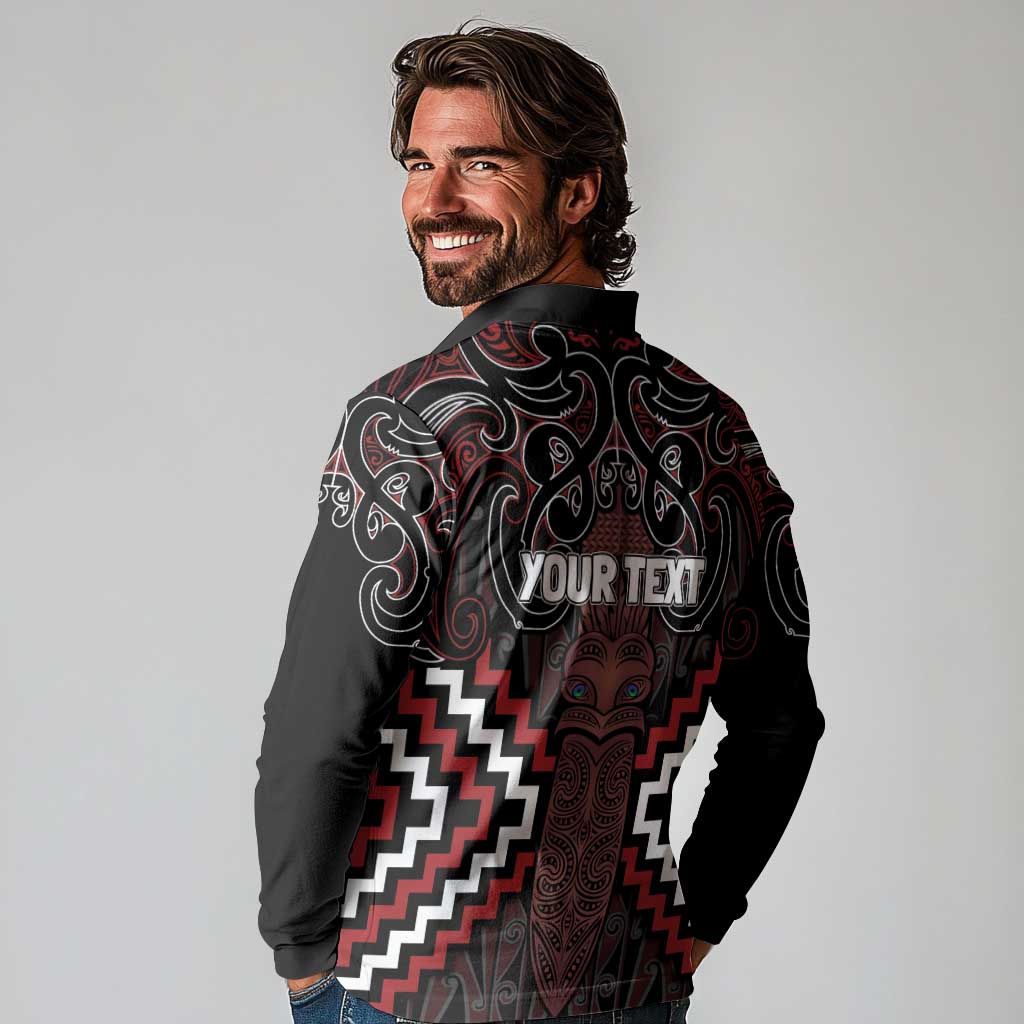 Maori Taiaha Whakairo Personalized Long Sleeve Polo Shirt Red Poutama Motifs