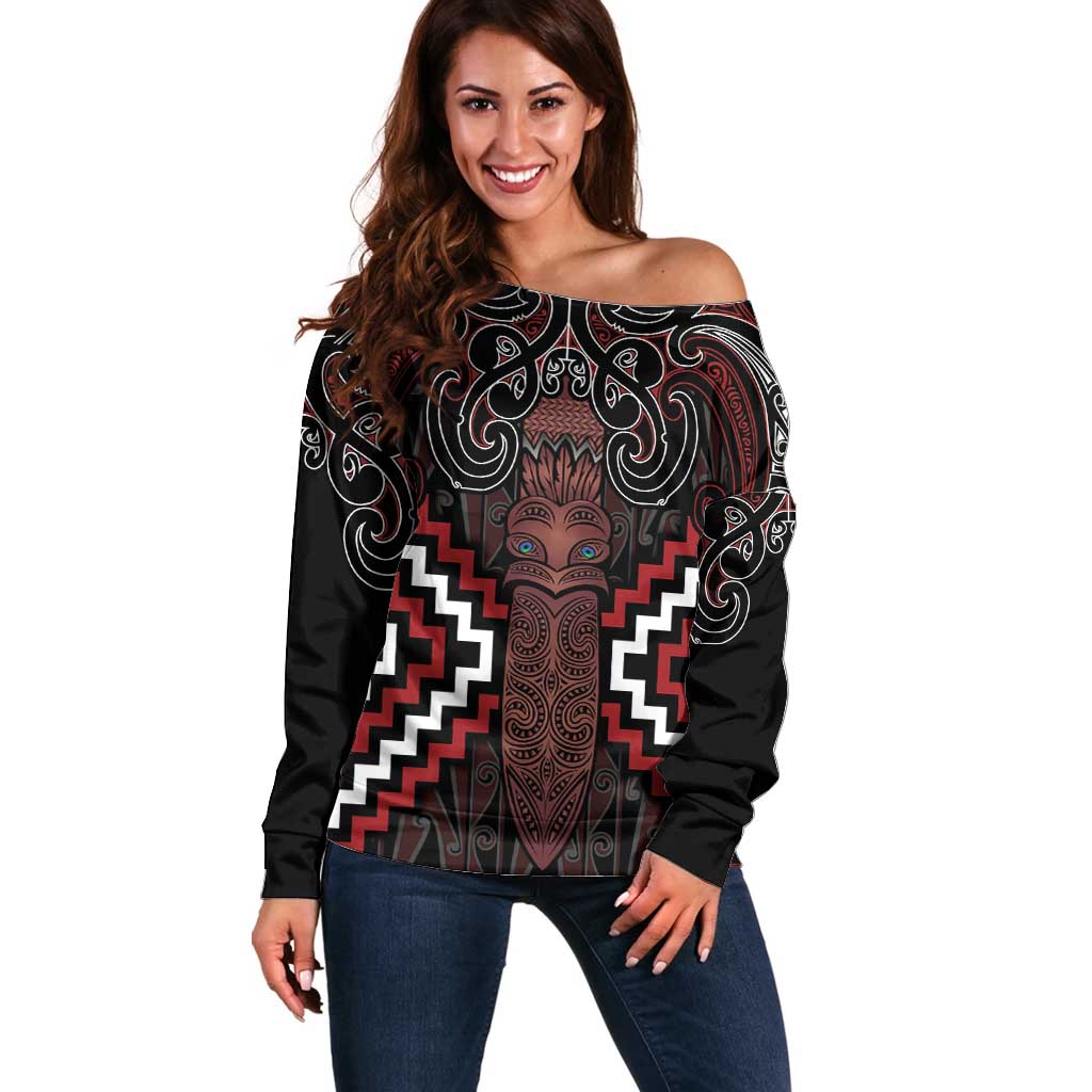 Maori Taiaha Whakairo Personalized Off Shoulder Sweater Red Poutama Motifs