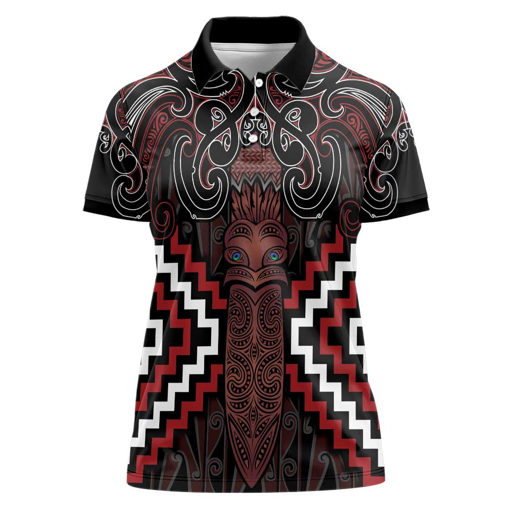 Maori Taiaha Whakairo Personalized Women Polo Shirt Red Poutama Motifs