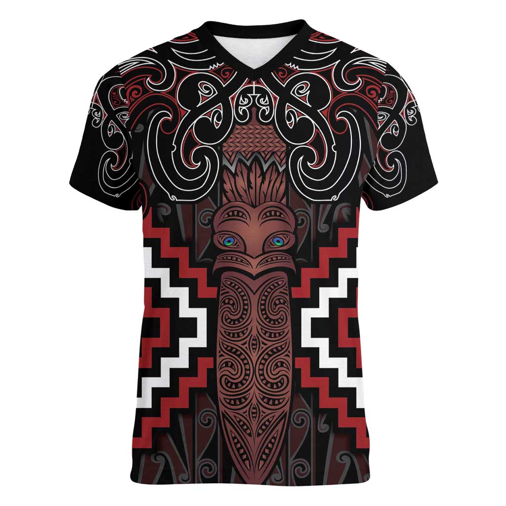 Maori Taiaha Whakairo Personalized Women V-Neck T-Shirt Red Poutama Motifs
