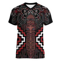 Maori Taiaha Whakairo Personalized Women V-Neck T-Shirt Red Poutama Motifs
