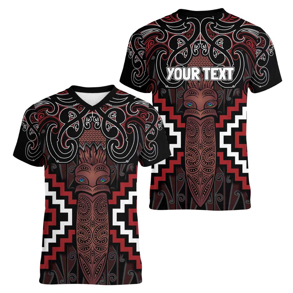 Maori Taiaha Whakairo Personalized Women V-Neck T-Shirt Red Poutama Motifs