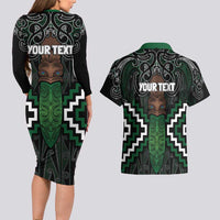 Maori Taiaha Pounamu Whakairo Personalized Couples Matching Long Sleeve Bodycon Dress and Hawaiian Shirt Jade Poutama Motifs LT7 - Polynesian Pride
