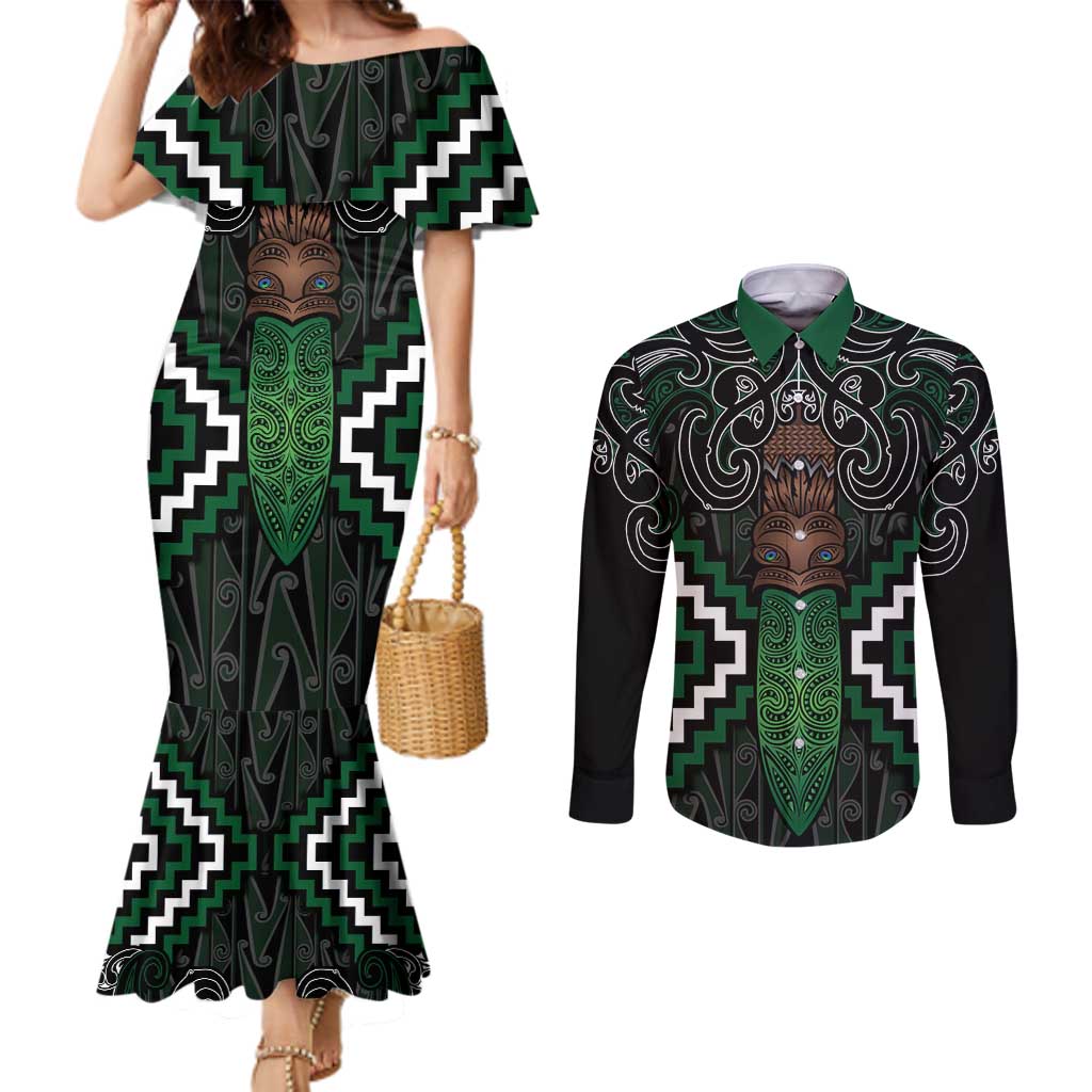 Maori Taiaha Pounamu Whakairo Personalized Couples Matching Mermaid Dress and Long Sleeve Button Shirt Jade Poutama Motifs LT7 Jade - Polynesian Pride