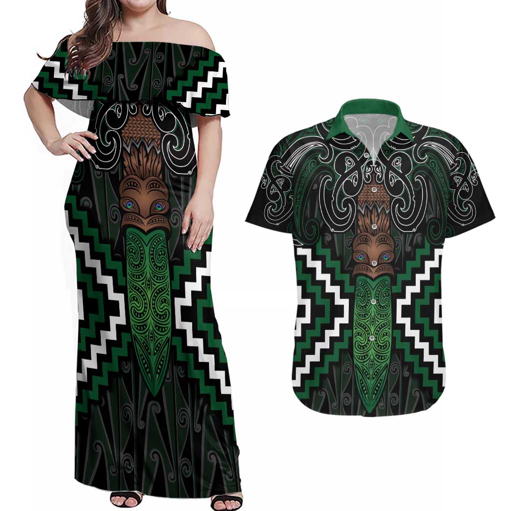 Maori Taiaha Pounamu Whakairo Personalized Couples Matching Off Shoulder Maxi Dress and Hawaiian Shirt Jade Poutama Motifs LT7 Jade - Polynesian Pride