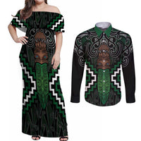 Maori Taiaha Pounamu Whakairo Personalized Couples Matching Off Shoulder Maxi Dress and Long Sleeve Button Shirt Jade Poutama Motifs