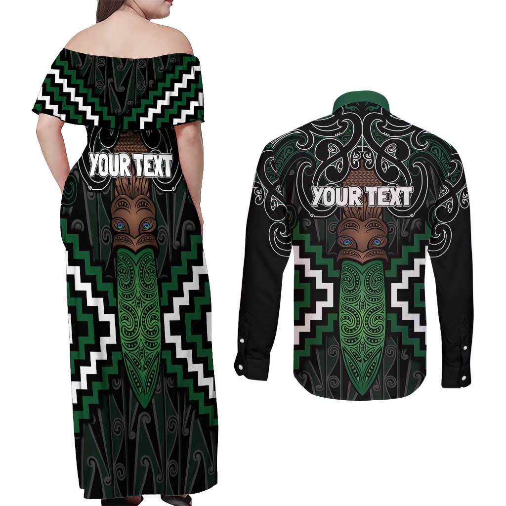 Maori Taiaha Pounamu Whakairo Personalized Couples Matching Off Shoulder Maxi Dress and Long Sleeve Button Shirt Jade Poutama Motifs