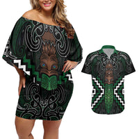 Maori Taiaha Pounamu Whakairo Personalized Couples Matching Off Shoulder Short Dress and Hawaiian Shirt Jade Poutama Motifs LT7 Jade - Polynesian Pride