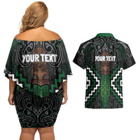 Maori Taiaha Pounamu Whakairo Personalized Couples Matching Off Shoulder Short Dress and Hawaiian Shirt Jade Poutama Motifs LT7 - Polynesian Pride