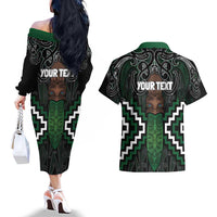 Maori Taiaha Pounamu Whakairo Personalized Couples Matching Off The Shoulder Long Sleeve Dress and Hawaiian Shirt Jade Poutama Motifs LT7 - Polynesian Pride