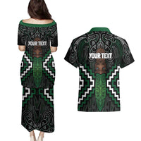 Maori Taiaha Pounamu Whakairo Personalized Couples Matching Puletasi and Hawaiian Shirt Jade Poutama Motifs