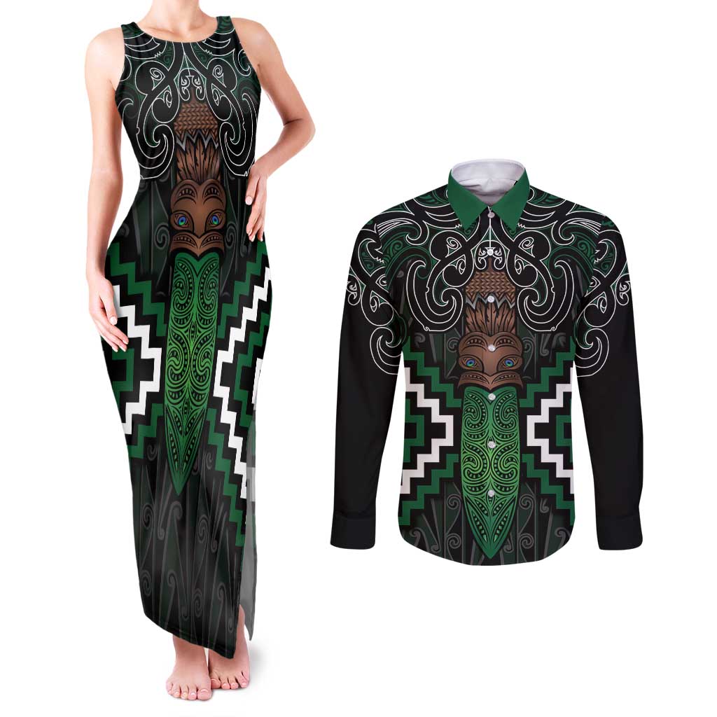 Maori Taiaha Pounamu Whakairo Personalized Couples Matching Tank Maxi Dress and Long Sleeve Button Shirt Jade Poutama Motifs
