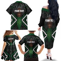 Maori Taiaha Pounamu Whakairo Personalized Family Matching Off The Shoulder Long Sleeve Dress and Hawaiian Shirt Jade Poutama Motifs LT7 - Polynesian Pride