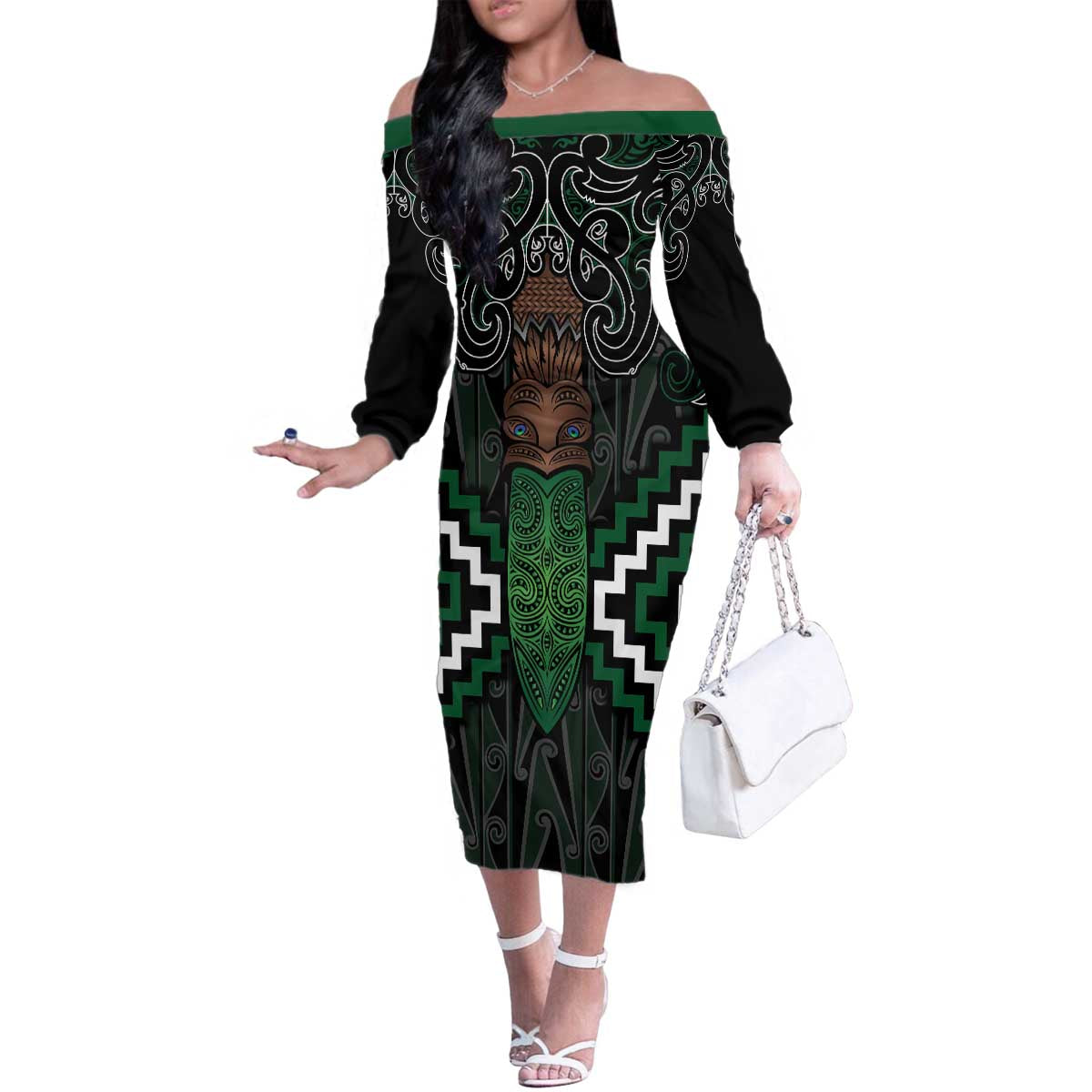 Maori Taiaha Pounamu Whakairo Personalized Family Matching Off The Shoulder Long Sleeve Dress and Hawaiian Shirt Jade Poutama Motifs LT7 Mom's Dress Jade - Polynesian Pride