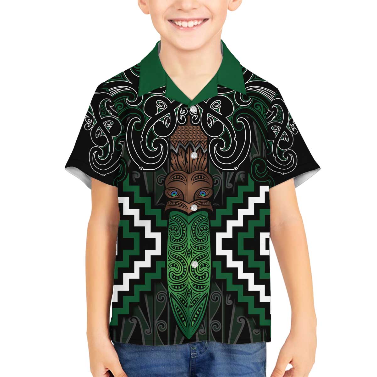 Maori Taiaha Pounamu Whakairo Personalized Family Matching Off The Shoulder Long Sleeve Dress and Hawaiian Shirt Jade Poutama Motifs LT7 Son's Shirt Jade - Polynesian Pride