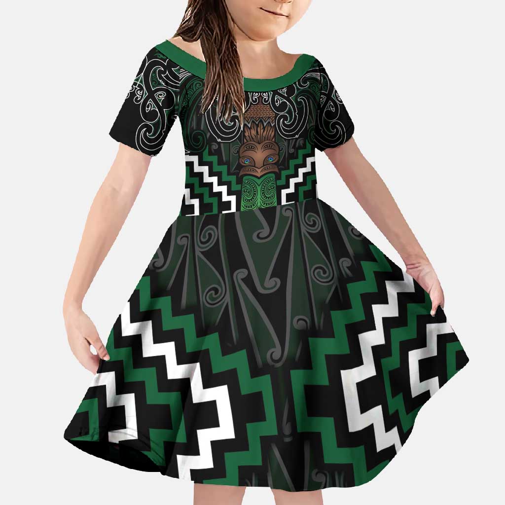 Maori Taiaha Pounamu Whakairo Personalized Family Matching Off Shoulder Maxi Dress and Hawaiian Shirt Jade Poutama Motifs LT7 Daughter's Dress Jade - Polynesian Pride