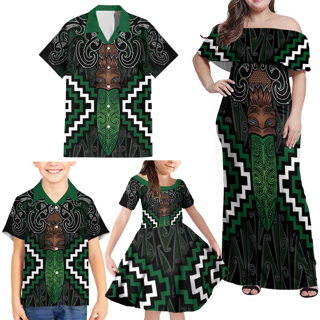 Maori Taiaha Pounamu Whakairo Personalized Family Matching Off Shoulder Maxi Dress and Hawaiian Shirt Jade Poutama Motifs LT7 - Polynesian Pride